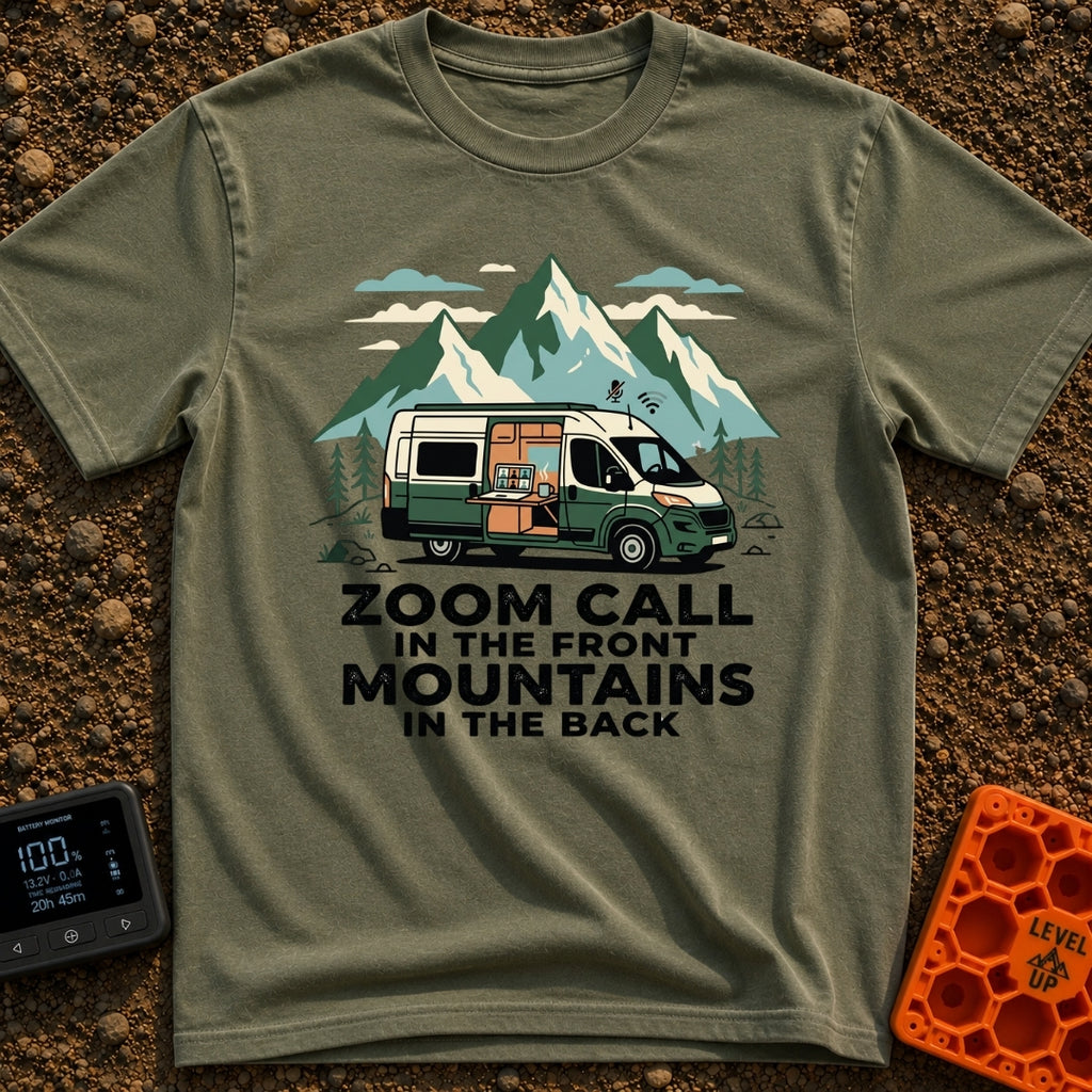 Mountains Meet Meetings - T-Shirt in Moss - A green and white camper van is parked in front of large mountain peaks, with...